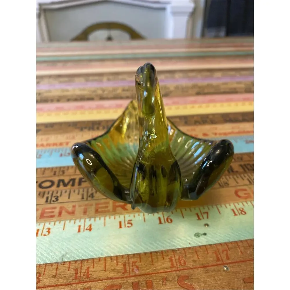 MCM 1960s Hand Blown Glass Swan Trinket Dish Avacado Green‎
